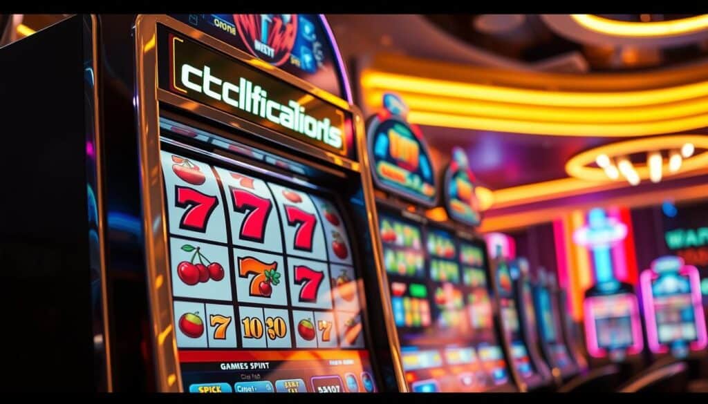 A vibrant and stylish electronic slot machine, its sleek metal casing gleaming under the warm overhead lighting. The machine's reels, emblazoned with classic slot symbols like cherries, bars, and lucky 7s, spin mesmerizingly, inviting the player to take a chance. In the foreground, the machine's touchscreen display beckons, showcasing an array of enticing game options. The background is filled with the lively atmosphere of a modern casino, with subtle neon accents and the subtle hum of excitement. The entire scene conveys the thrilling allure of the classic slot machine experience, perfect for capturing the essence of this beloved casino game.