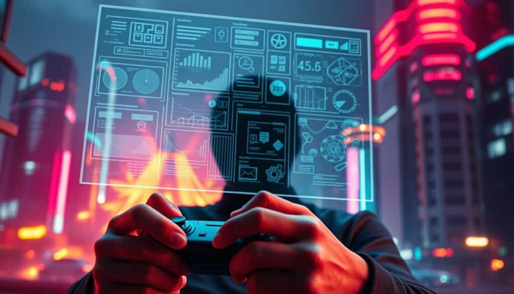 A vibrant and thoughtful scene depicting the strategic elements of gaming. In the foreground, a player's hands controlling a game controller, their face obscured in contemplation. The middle ground features a holographic display projecting abstract data visualizations, charts, and maps - the inner workings of an intricate strategy game. In the background, a futuristic, neon-lit cityscape, hinting at the immersive, high-tech world of modern gaming. Soft lighting casts a warm, focused glow, creating an atmosphere of focused immersion and problem-solving. Cinematic camera angles and depth of field emphasize the strategic depth and complexity of the gaming experience.
