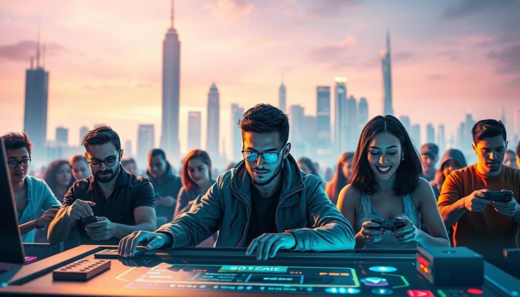 A vibrant and trustworthy online gaming platform, featuring a sleek and modern interface. In the foreground, a group of diverse players engage in a variety of games, their faces exuding a sense of excitement and security. The middle ground showcases the platform's seamless functionality, with intuitive controls and a secure transaction process. In the background, a serene cityscape with towering skyscrapers and a tranquil night sky, symbolizing the platform's reliable and trustworthy nature. Soft, warm lighting illuminates the scene, creating an inviting and comfortable atmosphere for players to immerse themselves in a world of entertainment and camaraderie.