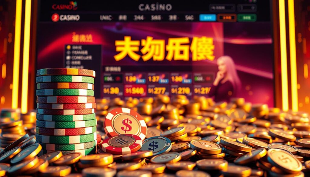 A vibrant and visually arresting image depicting the concept of "娛樂城獎金" or registration bonus. The foreground should feature a stack of colorful casino chips, each chip emblazoned with a dollar sign, symbolizing the monetary reward for signing up. In the middle ground, an array of gold and silver coins should be scattered, creating a sense of wealth and prosperity. The background should depict a sleek, modern online casino interface, complete with elegant typography and a clean, minimalist design. The overall mood should be one of excitement and anticipation, with warm, inviting lighting and a touch of glamour to attract potential players. The composition should be balanced and visually striking, capturing the essence of the "娛樂城獎金" concept in a captivating and memorable way.