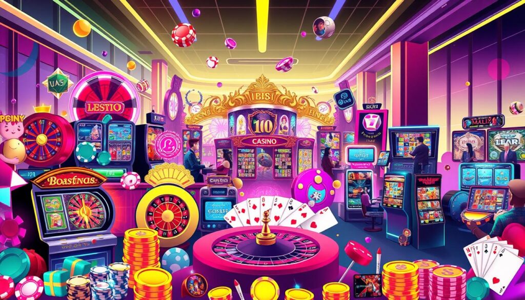 A vibrant and visually captivating illustration of the most common online casino game genres. The foreground features a dynamic array of gaming icons and symbols, including slot machines, roulette wheels, poker chips, and playing cards, all rendered in a stylized, eye-catching manner. The middle ground showcases a diverse range of game interfaces, with players immersed in various gameplay experiences, conveying a sense of engagement and interactivity. The background subtly suggests an online casino environment, with sleek, modern architectural elements and subtle lighting effects that create a polished, sophisticated atmosphere. The overall composition strikes a balance between detail and clarity, ensuring the image effectively communicates the breadth and appeal of the most popular online casino game types.