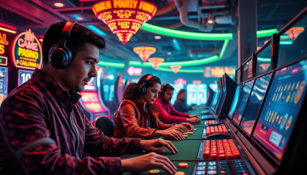 A vibrant and visually captivating online casino gaming experience, showcasing a range of strategic techniques and gameplay wisdom. Capture the allure of the virtual casino floor, with sleek interfaces, dynamic lighting, and a palpable sense of anticipation. Depict skilled players immersed in various casino games, from classic table games to thrilling slot machines, all rendered in a highly detailed, photorealistic style. Convey the excitement and mastery of online gaming, with a focus on the nuances and best practices that elevate the player's experience. Utilize a cinematic perspective, with sharp angles, depth of field, and a color palette that evokes the glamour and sophistication of the modern casino landscape.