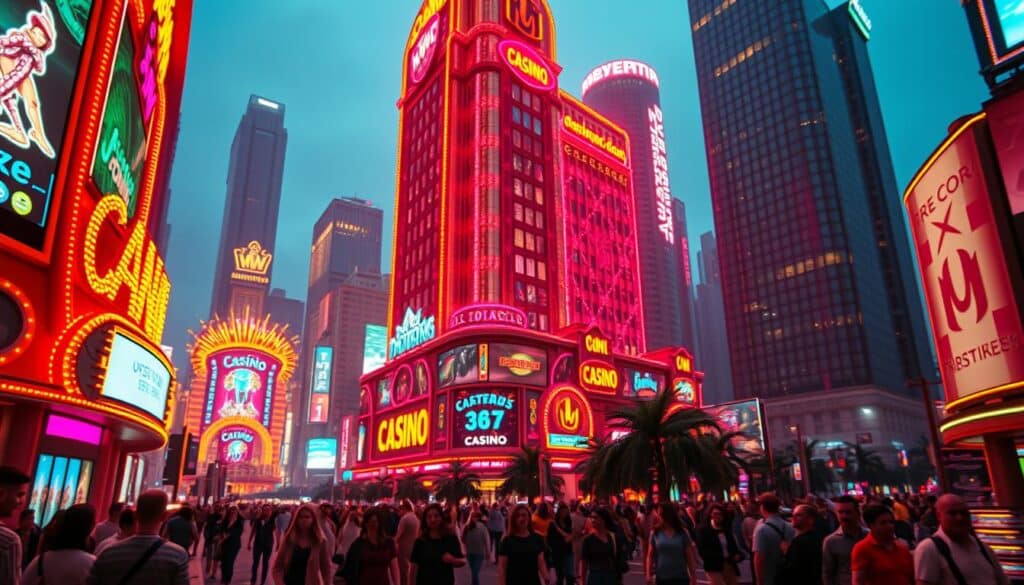 A vibrant and visually captivating online entertainment city, bathed in a warm, neon-infused glow. The foreground showcases the glittering facade of a grand casino, its towering architecture adorned with dazzling electronic billboards and animated signage. In the middle ground, bustling streets are filled with pedestrians, their faces alight with the thrill of the gaming experience. The background reveals a skyline of towering skyscrapers, their windows reflecting the pulsating energy of the city. Smooth, cinematic lighting creates a sense of depth and atmosphere, while a wide-angle lens captures the grandeur and scale of this immersive digital playground.