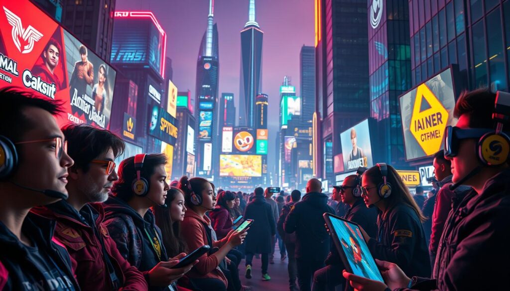 A vibrant and visually captivating scene showcasing the most popular online entertainment games. In the foreground, a diverse group of gamers immersed in their digital adventures, their faces illuminated by the glow of high-resolution displays. The middle ground features a dynamic array of game logos, icons, and colorful UI elements, hinting at the wide variety of gaming genres and experiences available. The background is a sleek, futuristic cityscape, with towering skyscrapers and neon-lit streets, creating a sense of technological sophistication and urban excitement. The overall composition conveys the energy, excitement, and accessibility of the thriving online gaming landscape. Warm, vibrant lighting and a cinematic camera angle enhance the visually captivating nature of the scene.