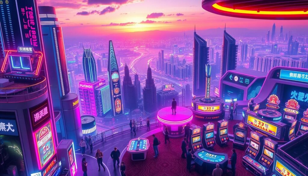 A vibrant and visually captivating scene that encapsulates the essence of "娛樂城定義". In the foreground, a futuristic, neon-lit cityscape with towering skyscrapers and holographic billboards reflecting the latest online gaming and entertainment offerings. The middle ground features a bustling, futuristic casino interior with sleek, high-tech gaming tables and terminals, where patrons immerse themselves in the thrill of real-time, instant payouts. In the background, a panoramic vista of a sprawling metropolis, its skyline illuminated by the glow of a setting sun, symbolizing the evolution and growing prominence of the online entertainment industry. The overall mood is one of technological innovation, excitement, and the boundless possibilities of modern gaming and leisure experiences.