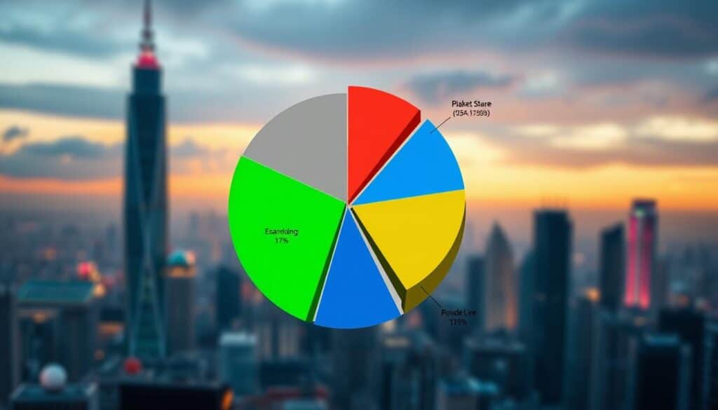 A vibrant and visually compelling pie chart illustrating the market share of major online gaming platforms in Taiwan. The chart is rendered with a sleek, modern aesthetic, showcasing the relative size and importance of each platform through carefully proportioned slices. The background features a softly blurred urban skyline, conveying a sense of the broader entertainment landscape. The lighting is natural and diffuse, creating depth and dimension. The overall mood is one of data-driven insights presented in a visually striking and impactful manner, suitable for inclusion in a professional industry analysis.