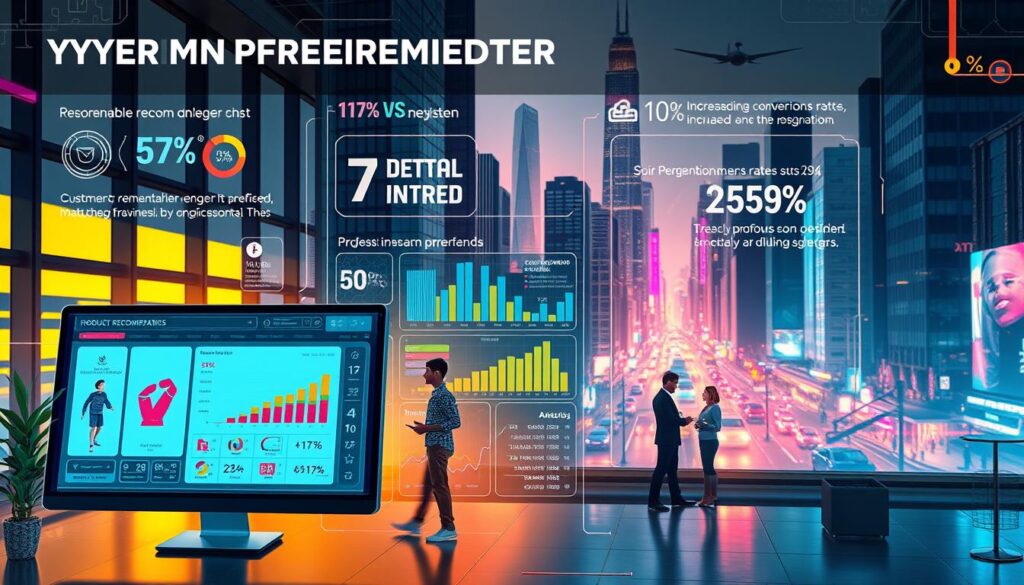 A vibrant and visually engaging data visualization showcasing the benefits of a personalized recommendation system. In the foreground, a sleek and modern interface displays product recommendations tailored to the user's preferences, with dynamic charts and graphs highlighting key metrics such as increased conversion rates, customer engagement, and revenue growth. The midground features a team of data analysts and UX designers collaborating to refine the system, surrounded by a clean, minimalist office environment with large windows and natural lighting. In the background, a cityscape with towering skyscrapers and bustling streets, symbolizing the system's scalability and impact on a broader business landscape. The overall tone conveys a sense of innovation, efficiency, and the transformative power of personalized experiences.