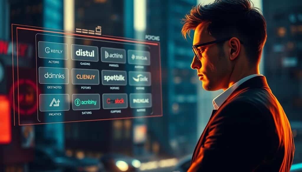 A vibrant and visually striking image of a person thoughtfully selecting from a variety of online gambling platforms. The foreground features a smart-looking individual in a business casual outfit, intently examining and comparing the various options displayed on a sleek, futuristic-looking interface. The middle ground showcases a clean, minimalist layout with clear icons and branding for different platforms. In the background, a soft blur of modern, high-rise buildings conveys an urban, technology-driven setting. The image is bathed in a warm, golden light, creating a sense of sophistication and professionalism, reflecting the serious yet confident decision-making process. The overall atmosphere promotes a sense of informed and responsible platform selection.