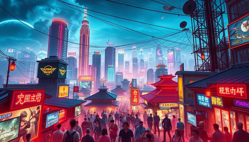 A vibrant, bustling cityscape depicting the thriving online gaming market in the Asia-Pacific region. In the foreground, a neon-lit display showcases the latest gaming titles, with crowds of eager players immersed in virtual worlds. The middle ground features a mix of modern high-rise buildings and traditional architecture, reflecting the融合of old and new in the digital entertainment landscape. In the background, a sprawling network of connectivity wires and satellite dishes symbolize the infrastructure that supports the region's online gaming ecosystem. Warm, saturated colors and a sense of energy and dynamism capture the growth and innovation driving the Asia-Pacific's online gaming industry.
