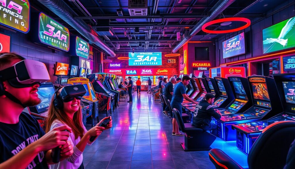 A vibrant, bustling scene of 3A Entertainment City's diverse gaming offerings. In the foreground, a group of friends excitedly playing a cutting-edge virtual reality game, the headsets and motion controllers creating an immersive experience. In the middle ground, a row of sleek, high-tech gaming stations with players engrossed in fast-paced esports tournaments. The background features a variety of classic arcade cabinets, pinball machines, and modern digital entertainment platforms, all bathed in the warm, neon-lit ambiance of the gaming hub. The atmosphere is one of excitement, innovation, and boundless entertainment options catering to every type of gamer.
