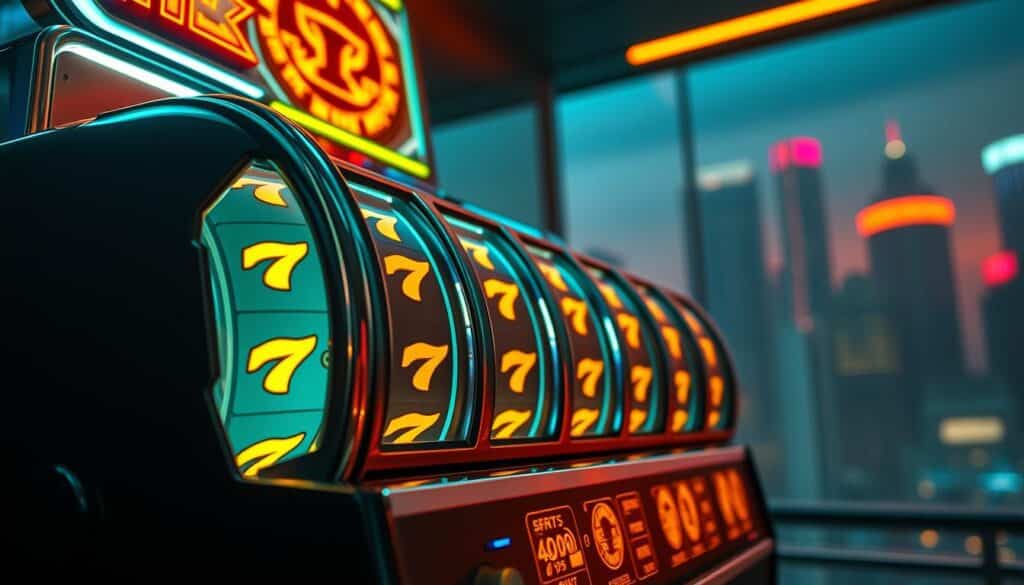 A vibrant, captivating slot machine set against a sleek, modern backdrop. The machine's reels are adorned with shimmering golden symbols, enticing players with the prospect of a thrilling payout. Dramatic lighting casts a warm, alluring glow, drawing the eye towards the machine's hypnotic spinning motion. The foreground is crisp and detailed, showcasing the machine's intricate mechanisms and design, while the background fades into a hazy, futuristic cityscape, hinting at the game's digital nature. The overall atmosphere is one of excitement and anticipation, capturing the irresistible allure of the classic slot machine experience.
