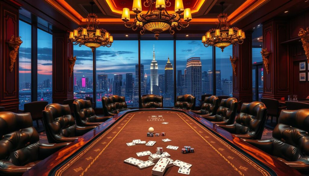 A vibrant casino game room with an ornate wooden table at the center, surrounded by plush leather chairs. Soft, warm lighting creates an inviting ambiance, while ornate chandeliers and gilded accents add an air of sophistication. In the foreground, playing cards, poker chips, and dice are neatly arranged, beckoning players to join the game. The background features floor-to-ceiling windows, offering a panoramic view of a bustling city skyline at dusk. An atmosphere of excitement and anticipation permeates the scene, capturing the thrill of casino gaming.