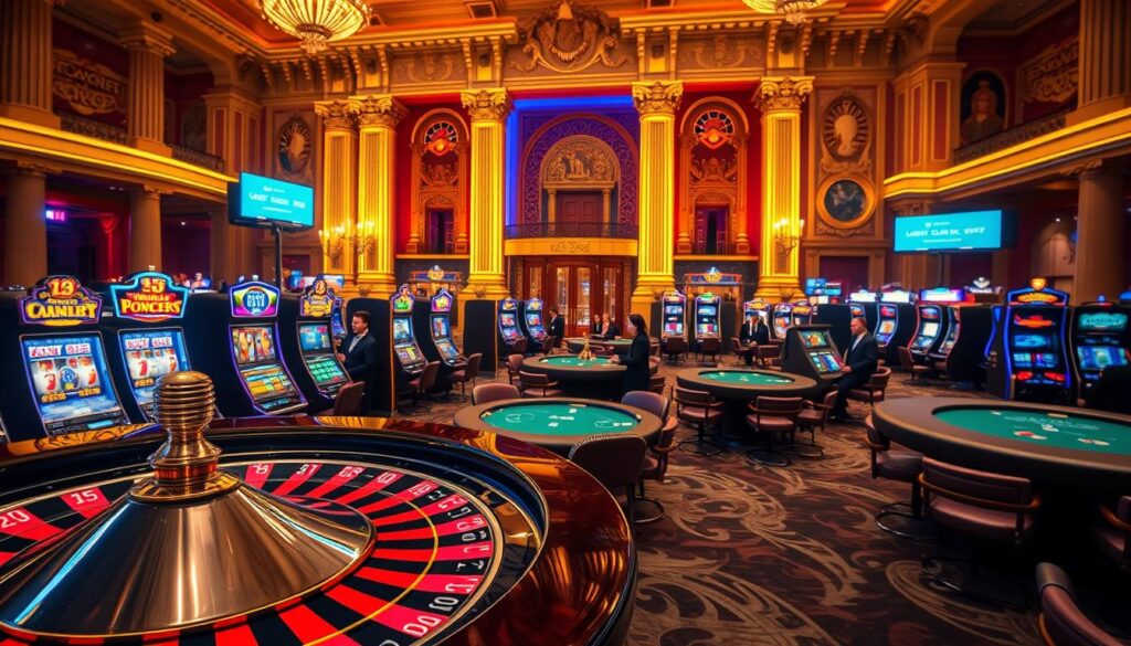 A vibrant casino gaming paradise, showcasing a diverse array of captivating promotions and bonuses. In the foreground, a roulette wheel spins with mesmerizing fervor, its polished surface reflecting the alluring glow of neon lights. Surrounding it, a myriad of slot machines beckon with their flashing displays and enticing jackpot symbols. In the middle ground, elegant blackjack tables are adorned with plush green felt, where skilled dealers expertly shuffle the cards. The background is dominated by a grand, ornate casino facade, its towering columns and intricate architectural details exuding an air of opulence and sophistication. The entire scene is bathed in a warm, golden ambiance, creating a captivating atmosphere of excitement and anticipation.