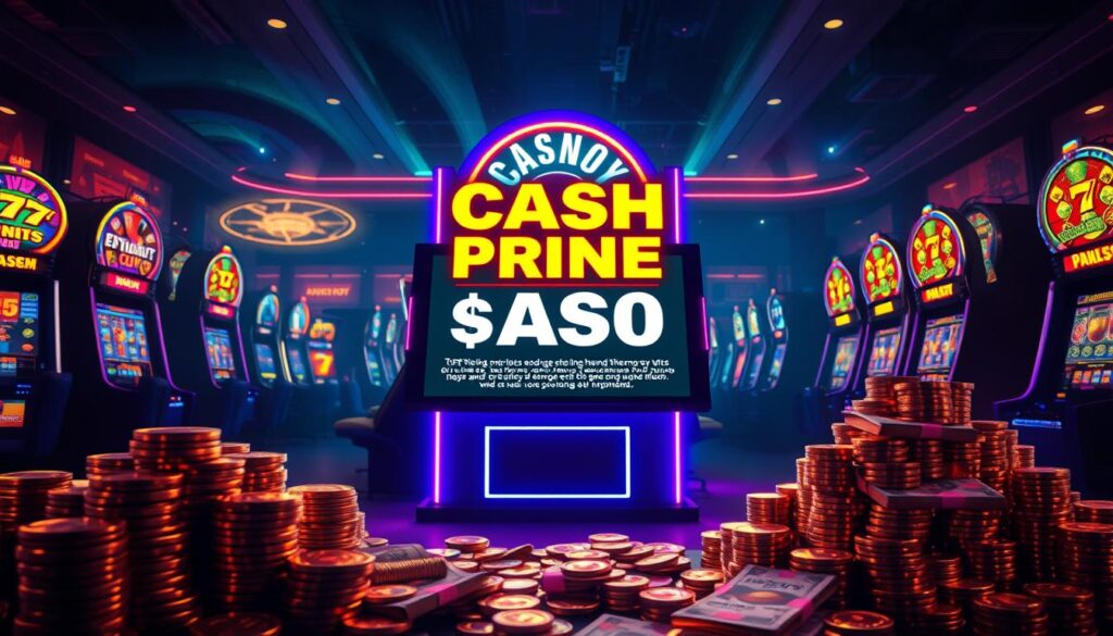 A vibrant casino-inspired scene with a central focus on an alluring cash prize promotion. In the foreground, stacks of gold coins and banknotes are dramatically illuminated, casting a warm glow. The middle ground features a sleek, high-contrast display showcasing the offer details, surrounded by neon-lit gaming machines and slot reels spinning in a hypnotic rhythm. In the background, the scene is enveloped in a sophisticated, moody atmosphere with dramatic lighting, casting long shadows and creating a sense of anticipation and excitement. The overall composition evokes the thrill and temptation of a tantalizing cash prize offer within an immersive online casino environment.