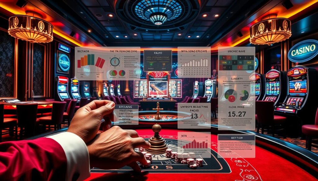 A vibrant casino-inspired scene with a central focus on various betting strategies and techniques. In the foreground, a croupier's hands deftly manipulate casino chips, demonstrating different betting patterns. The middle ground features an array of classic casino games like roulette, blackjack, and slot machines, each accompanied by detailed infographics and data visualizations outlining effective wagering tactics. The background showcases the lavish interior of an upscale online casino, with plush velvet furnishings, gilded accents, and dramatic chiaroscuro lighting creating an atmosphere of sophistication and high-stakes excitement. The overall composition conveys a sense of expertise, strategy, and the potential for financial success when adopting a well-informed, disciplined approach to online gambling.
