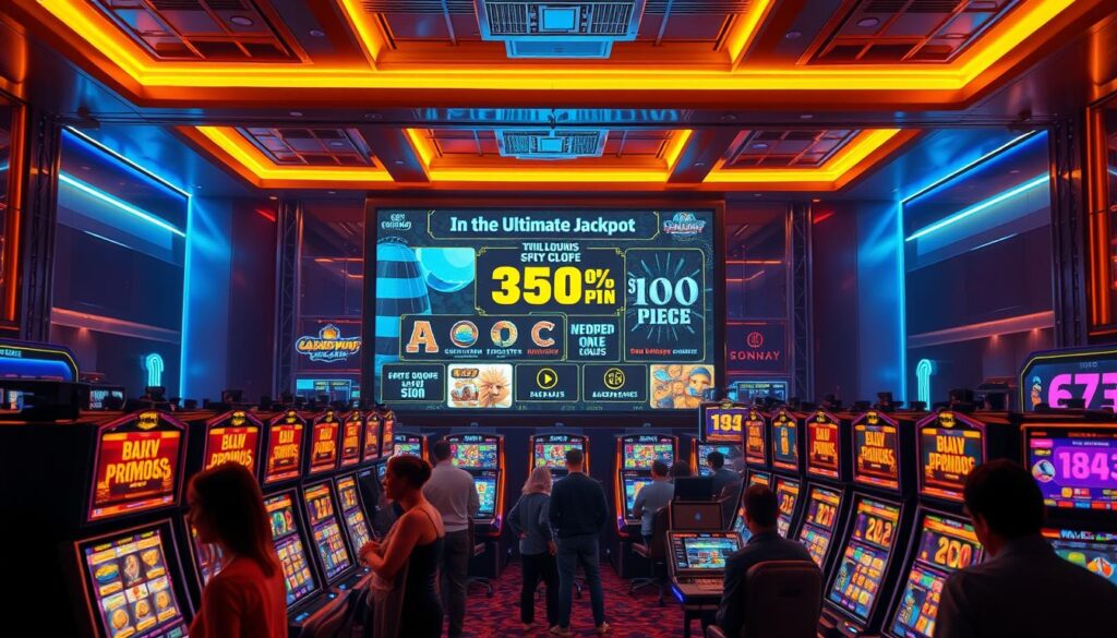 A vibrant casino interior, with a center stage showcasing a dynamic slot machine display. Warm lighting illuminates the scene, casting a golden glow that creates an inviting atmosphere. In the foreground, a group of players excitedly engage with the machines, their expressions filled with anticipation as they pursue the ultimate jackpot. In the middle ground, a large screen displays various promotions and bonus offers, enticing players with the chance to unlock exclusive rewards. The background features a sleek, modern design with polished surfaces and subtle neon accents, conveying a sense of sophistication and excitement. The overall composition captures the thrill and allure of online casino gaming, with a focus on the strategies and opportunities available to players seeking the best rewards and advantages.
