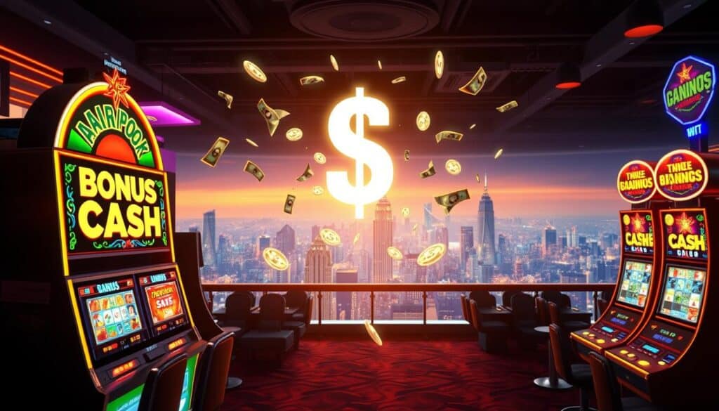A vibrant casino interior with alluring slot machines and neon lights, capturing the excitement and possibility of online gambling. The foreground features a large jackpot display, showcasing the enticing 'Bonus Cash' prize. In the middle ground, virtual currency symbols dance and shimmer, representing the various ways players can earn and accumulate winnings. The background depicts a panoramic view of a bustling city skyline, suggesting the thriving online entertainment industry. The lighting is dramatic, with warm tones and dramatic shadows, evoking the high-stakes atmosphere. The overall composition conveys the sources and application of bonus funds, inviting the viewer to explore the rewards of online gaming.