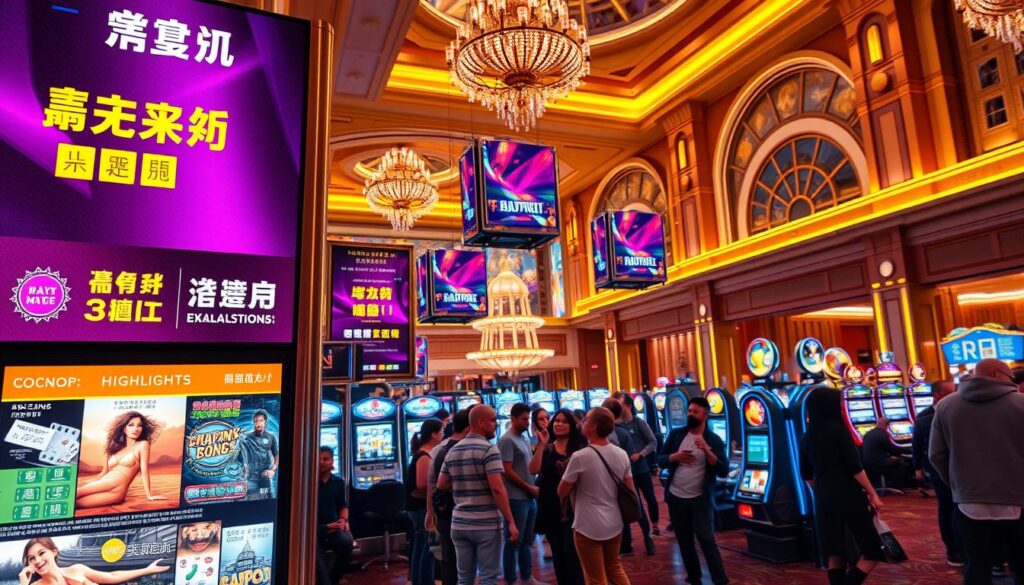 A vibrant casino lobby filled with enticing promotional banners showcasing various "優惠活動" offers. Warm lighting illuminates the shimmering casino floor, creating an inviting atmosphere. In the foreground, a stylish and modern display stands out, highlighting the key promotional highlights with eye-catching visuals. The middle ground features a bustling crowd of players eagerly exploring the enticing deals, their expressions filled with excitement. The background showcases the grand architecture of the casino, setting the scene for an immersive gaming experience. This image captures the energy and allure of the "優惠活動" that draw players to the casino, perfectly complementing the "卡利娛樂城評價深度分析 - 台灣玩家首選?" article.
