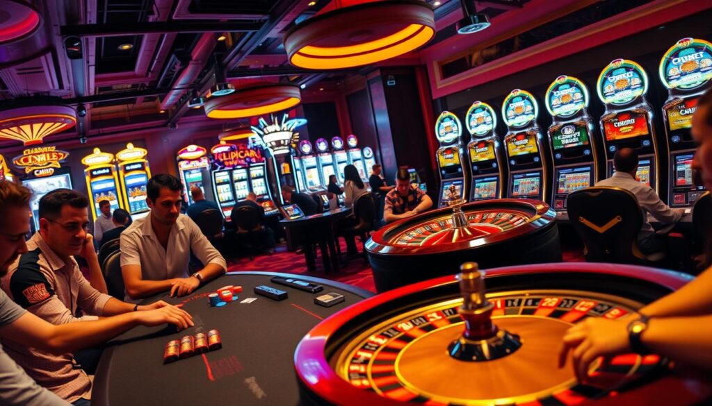 A vibrant casino scene, capturing the diverse gaming experience. In the foreground, a lively table of blackjack players, their expressions animated as they make strategic moves. The middle ground showcases a roulette wheel in full spin, its hypnotic motion drawing the eye. In the background, rows of slot machines flash and glimmer, their alluring lights and sounds enticing players. The overall atmosphere is one of excitement and energy, with warm lighting casting a welcoming glow throughout the space. A wide-angle lens captures the dynamic interplay of the various gaming activities, creating a sense of depth and immersion. The composition emphasizes the variety and excitement of the casino's offerings, inviting the viewer to imagine themselves at the heart of the action.