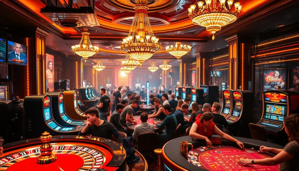 A vibrant casino scene, illuminated by warm, inviting lighting. In the foreground, a variety of casino games - roulette, blackjack, slot machines - capturing the energy and excitement of high-stakes gambling. In the middle ground, a diverse crowd of players, each engrossed in their chosen game, their faces alive with anticipation and concentration. The background features elegant decor, with ornate chandeliers and plush furnishings, creating an atmosphere of luxury and indulgence. The scene conveys the multifaceted nature of casino entertainment, where chance, skill, and socialization converge to offer a truly immersive gaming experience.