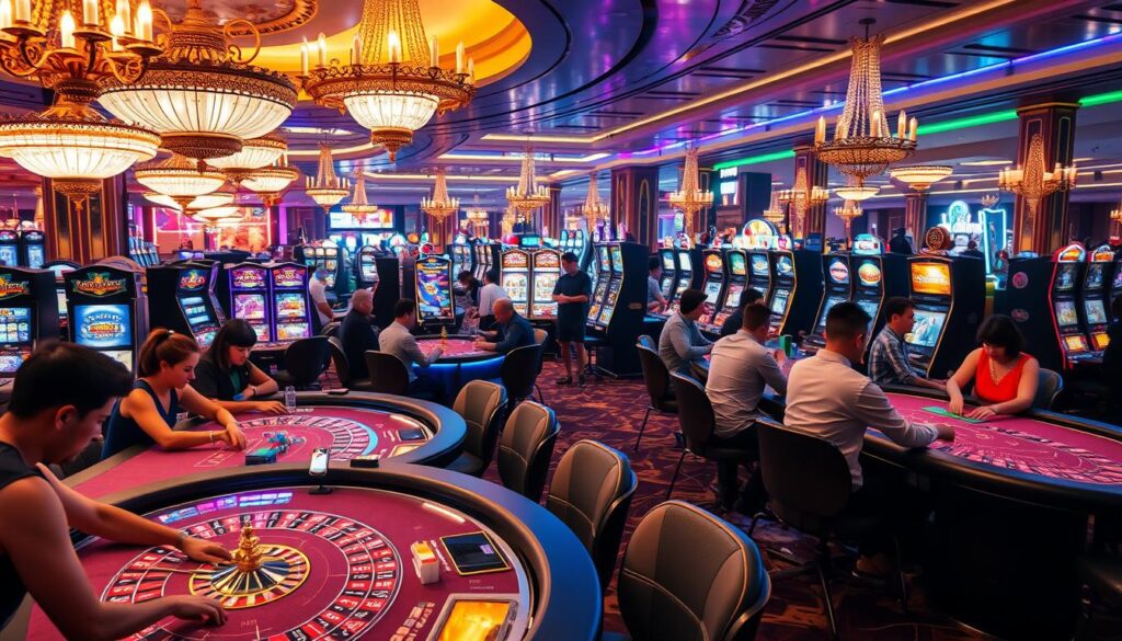 A vibrant casino scene, with a diverse array of modern casino games being played on the tables. The foreground features players engaged in lively baccarat, roulette, and blackjack games, their faces alight with anticipation. The middle ground showcases a variety of slot machines and electronic gaming stations, their screens glowing with vivid graphics. In the background, elegant chandeliers illuminate the luxurious casino interior, with plush furnishings and ornate decor creating an atmosphere of high-end entertainment. The lighting is warm and inviting, casting a golden glow over the dynamic gaming activities. The overall mood evokes a sense of excitement, sophistication, and the thrill of chance. A visually captivating representation of the diverse gaming options available in the modern casino landscape.