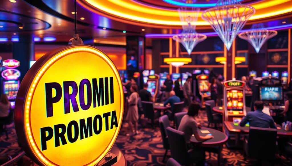 A vibrant casino-style scene with a prominent "PROMOTION" sign in the foreground, illuminated by warm, inviting lighting. In the middle ground, various gaming activities unfold - slot machines, card tables, and patrons eagerly engaged. The background features a sleek, modern interior design with plush furnishings and a sense of luxury. The overall atmosphere conveys a sense of excitement, allure, and the promise of potential winnings, enticing players to participate in the featured promotional offers.