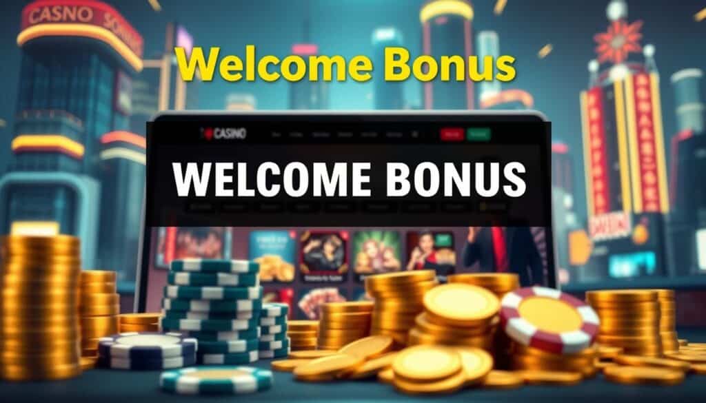 A vibrant casino-themed image showcasing the enticing "Welcome Bonus" offer. In the foreground, a stack of gold coins and casino chips capture the lucrative incentives awaiting new players. The middle ground features a sleek, modern online casino website interface, its warm lighting and elegant design inviting the viewer to explore. In the background, a cityscape of high-rise towers and neon signs evokes the glamour and excitement of the virtual gambling world. The overall composition exudes a sense of anticipation and the promise of rewarding gaming experiences for Taiwanese players.