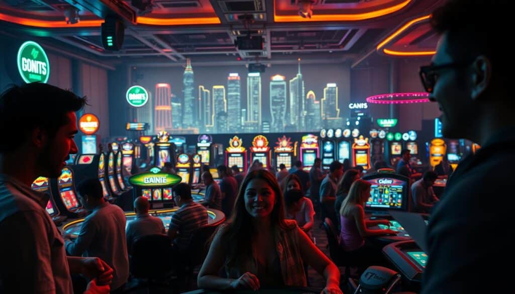 A vibrant casino-themed scene, capturing the essence of "Game Categories and Winning Opportunities". In the foreground, a group of players engages in various casino games, their faces lit with excitement. The middle ground showcases a diverse array of gaming tables, each with its unique style and atmosphere. In the background, a glowing neon skyline sets the mood, hinting at the thrilling potential of the games. The lighting is cinematic, casting dramatic shadows and highlights, creating a sense of energy and anticipation. The camera angle is slightly elevated, providing a panoramic view of the dynamic gaming environment. This image aims to convey the excitement and the potential rewards of exploring different game categories within the online casino landscape.
