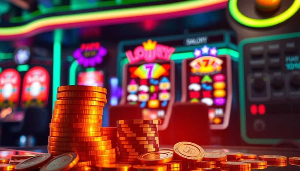 A vibrant casino-themed scene with a focus on online gambling bonuses and promotions. In the foreground, a stack of gold coins and casino chips, radiating a warm golden glow under soft, diffused lighting. In the middle ground, an array of colorful slot machine reels and flashing lights, hinting at the excitement of online casino gameplay. The background features a sleek, modern interface with buttons and toggles, suggesting the digital nature of the online gambling experience. The overall mood is one of anticipation and the promise of potential winnings, creating an inviting and enticing atmosphere.