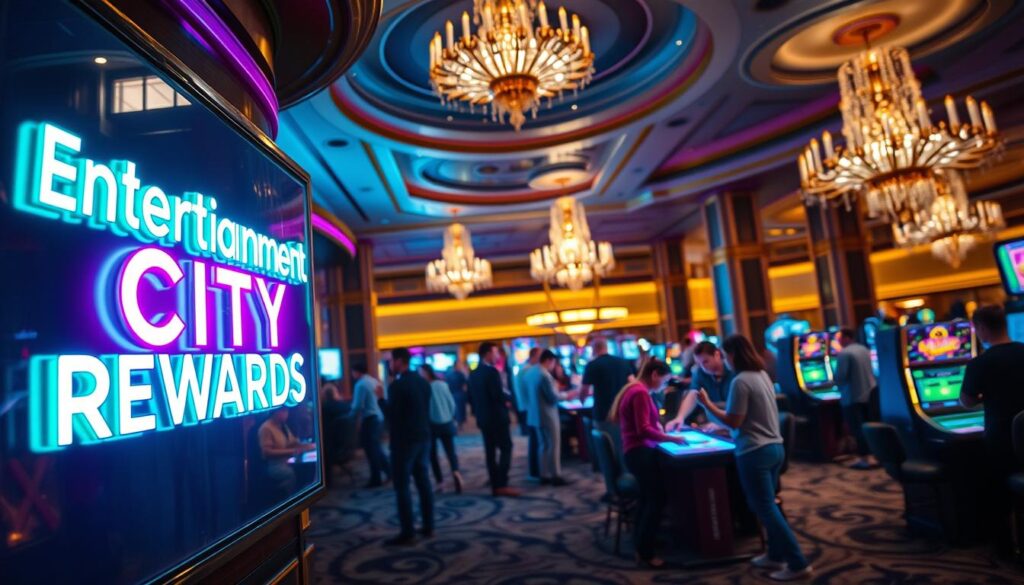A vibrant casino-themed scene with a glowing neon sign that reads "Entertainment City Rewards" in the foreground. In the middle ground, a group of people excitedly gathered around a gaming table, eagerly anticipating their potential winnings. The background features a lavish casino interior with ornate chandeliers, plush carpets, and a bustling atmosphere. The lighting is warm and inviting, creating a sense of excitement and anticipation. The scene conveys the thrill and allure of the casino's promotional activities and the potential rewards awaiting the patrons.