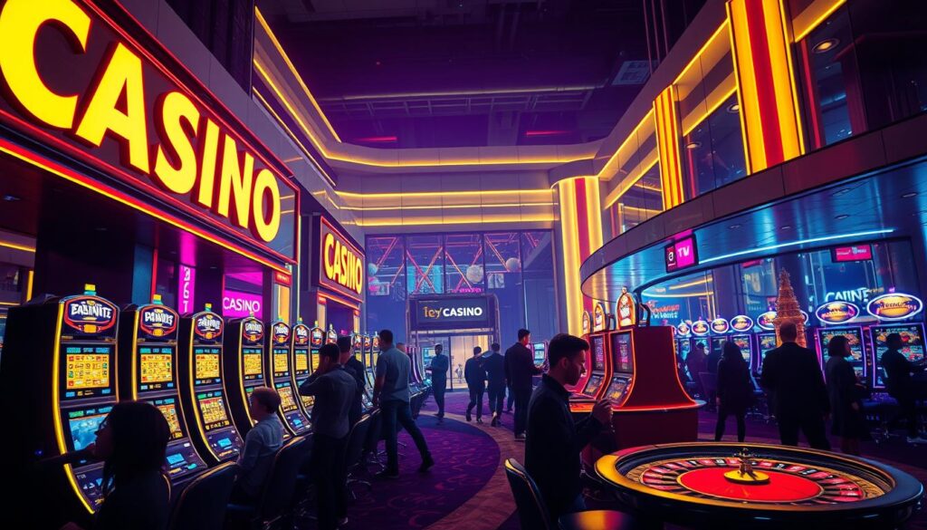 A vibrant casino-themed scene with brightly lit signage and neon lights illuminating the foreground. In the middle ground, stylized silhouettes of people engaged in lively casino activities like playing slot machines and roulette tables. The background features a sleek, modern casino exterior with architectural elements suggesting an urban setting. The overall atmosphere is one of excitement, entertainment, and the thrill of the gaming experience. Cinematic lighting creates dramatic shadows and highlights, adding depth and drama to the composition. The image should evoke a sense of energy and anticipation for the latest casino promotions and events.