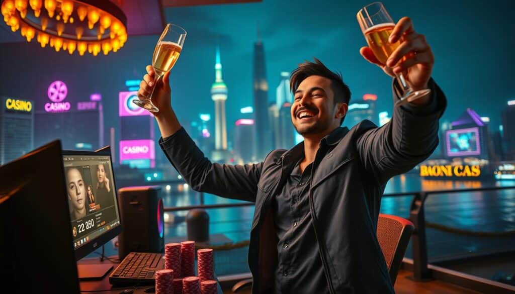 A vibrant, cinematic scene depicting a successful online casino player's story. In the foreground, a triumphant protagonist celebrates their winnings, raising a glass of champagne with a wide smile. The middle ground showcases their gaming setup - a sleek, high-end PC, a stack of casino chips, and a smartphone displaying their account balance. In the background, a bustling city skyline at night, with neon casino signs and twinkling lights reflecting on the surface of a river. The lighting is dramatic, with warm, golden hues accentuating the player's sense of achievement. The overall atmosphere conveys a palpable air of success, prosperity, and the thrill of online gambling.