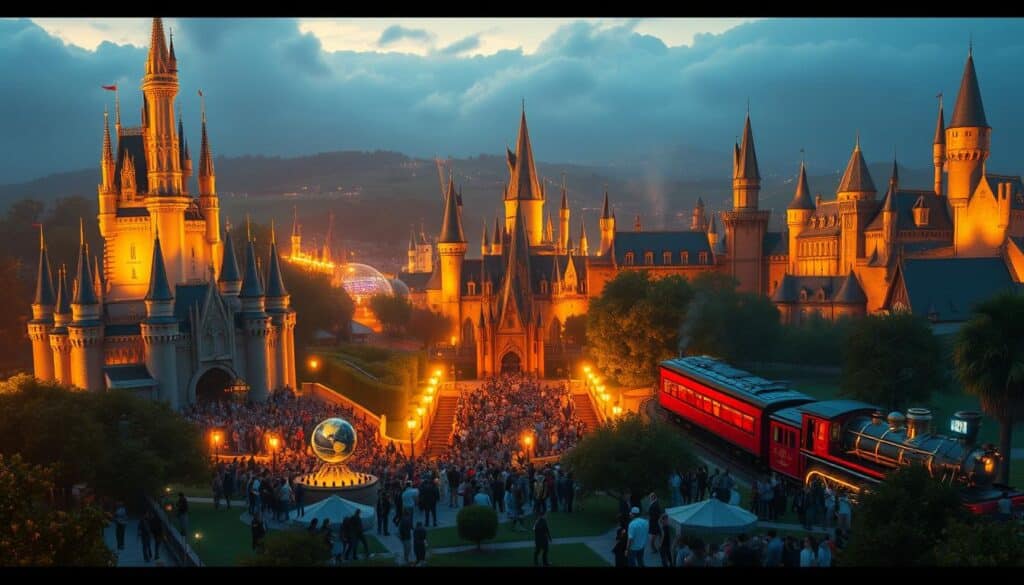 A vibrant, cinematic scene depicting the strategic success of Disney and Universal Studios. In the foreground, a lush, immersive theme park landscape, with towering icons like Cinderella's Castle and the Hogwarts Express locomotive. The middle ground features crowds of visitors, their faces filled with wonder and excitement, as they engage with interactive experiences and beloved characters. In the background, a panoramic view of the park's meticulously designed architecture and landscaping, bathed in warm, golden lighting that evokes a sense of prestige and accomplishment. The overall mood is one of exhilaration, innovation, and the realization of a vision that has captivated audiences worldwide.