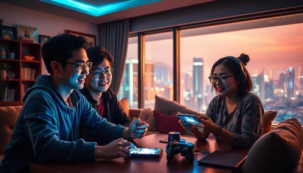 A vibrant, cinematic scene of a group of Taiwanese gamers immersed in an online entertainment experience. The foreground features three friends gathered around a table, their faces illuminated by the glow of their devices as they engage with a mobile game, expressions of excitement and focus. The middle ground showcases a cozy, well-lit living room setting, with plush furniture and personal mementos hinting at the players' lifestyles. In the background, a large window offers a glimpse of a bustling city skyline, suggesting the broader social and cultural context of their gaming pursuits. The lighting is warm and inviting, creating a sense of comfort and camaraderie. The composition emphasizes the players' immersion, their shared experience, and the integration of digital entertainment into their daily lives.