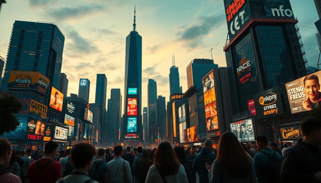 A vibrant city skyline at dusk, with towering skyscrapers and neon-lit billboards showcasing the rise of online entertainment hubs. In the foreground, people engage with their mobile devices, immersed in the digital world of gaming and betting. The scene is captured with a cinematic wide-angle lens, highlighting the scale and dynamism of this emerging industry. Warm, golden lighting casts a hazy glow, creating a sense of excitement and anticipation. The overall atmosphere conveys the rapid growth and widespread appeal of the online entertainment landscape, as it becomes an integral part of the urban experience.