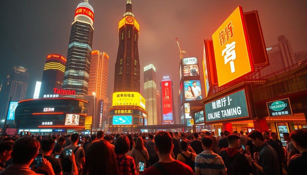 A vibrant city skyline with towering skyscrapers and neon-lit billboards, showcasing the bustling energy of Taiwan's thriving online gambling industry. In the foreground, a crowd of people engrossed in their mobile devices, immersed in the world of digital gaming. The scene is illuminated by a warm, golden-hued lighting, creating a sense of excitement and anticipation. The composition utilizes a wide-angle lens to capture the grandeur of the cityscape, while strategic angles and depth of field draw the viewer's attention to the human element, highlighting the scale and impact of this burgeoning market. An atmospheric, almost cinematic mood pervades the image, conveying the allure and complexity of Taiwan's evolving online gambling landscape.