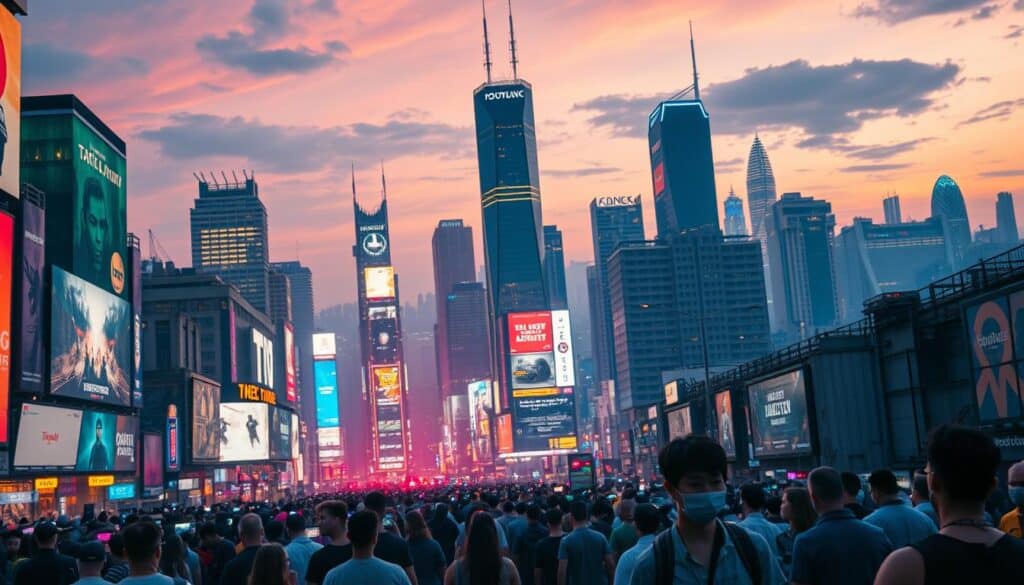 A vibrant cityscape at dusk, capturing the transformation of online entertainment in the digital age. In the foreground, a bustling crowd navigates a virtual landscape, their faces illuminated by the glow of screens. In the middle ground, towering skyscrapers and neon-lit billboards showcase the latest digital innovations, while in the background, a futuristic skyline stretches into the distance, reflecting the ever-evolving nature of the industry. The scene is bathed in a warm, cinematic lighting, creating a sense of energy and dynamism that encapsulates the impact of digitalization on the online entertainment sector.