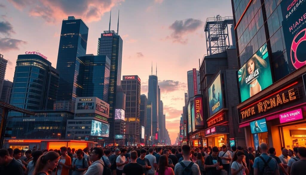 A vibrant cityscape at dusk, with the rise of online entertainment hubs taking center stage. Towering skyscrapers dotting the skyline, their windows aglow with the allure of digital delights. In the foreground, a bustling street scene, where people of all ages and backgrounds gather, their faces illuminated by the soft glow of their devices, immersed in the boundless possibilities of virtual gaming and leisure. The atmosphere is electric, a fusion of modernity and technology, as the once-niche world of online entertainment becomes a ubiquitous part of everyday life. Warm, golden lighting casts a welcoming aura, inviting exploration and adventure in this ever-expanding digital landscape. The scene captures the rise and proliferation of online entertainment hubs, a testament to the ever-evolving nature of modern entertainment and leisure.