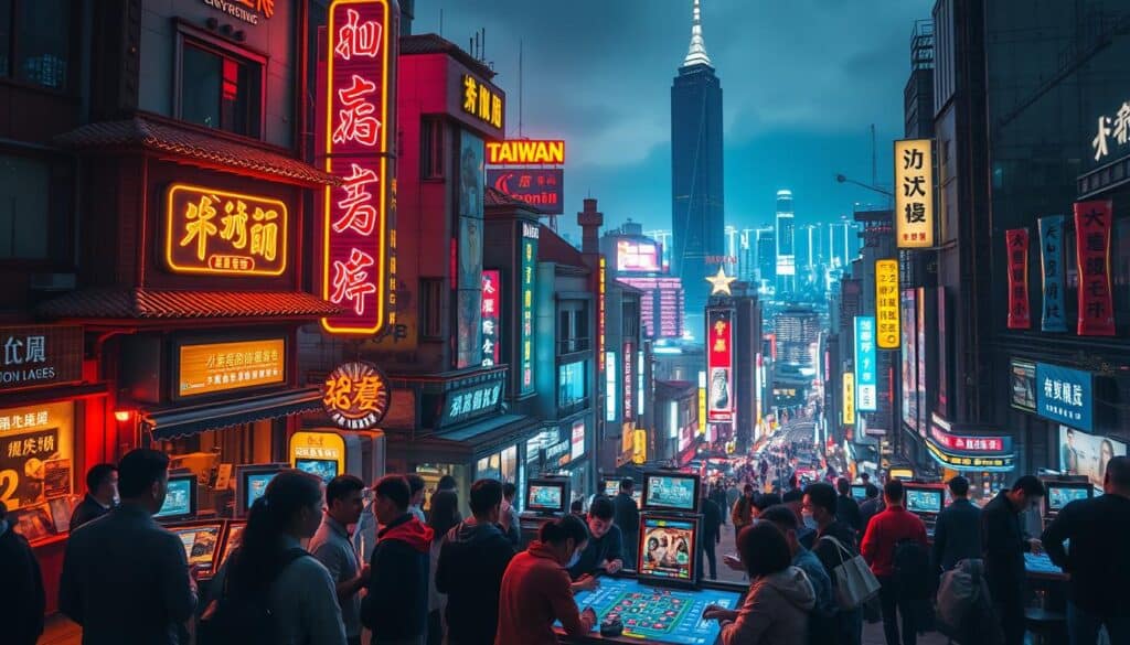 A vibrant cityscape at night, the bustling streets of Taiwan illuminated by neon signs and digital screens. In the foreground, a group of people gathered around a virtual gaming table, deeply immersed in an online casino experience. The dynamic interplay of light and shadow creates an atmosphere of excitement and anticipation. The middle ground features a mix of traditional and modern architecture, hinting at the country's rich heritage and technological advancements. In the background, towering skyscrapers and a sprawling metropolis, symbolizing the growth and evolution of the online gambling industry in Taiwan. The scene captures the essence of the contemporary Taiwanese online gambling landscape, where tradition and innovation seamlessly converge.