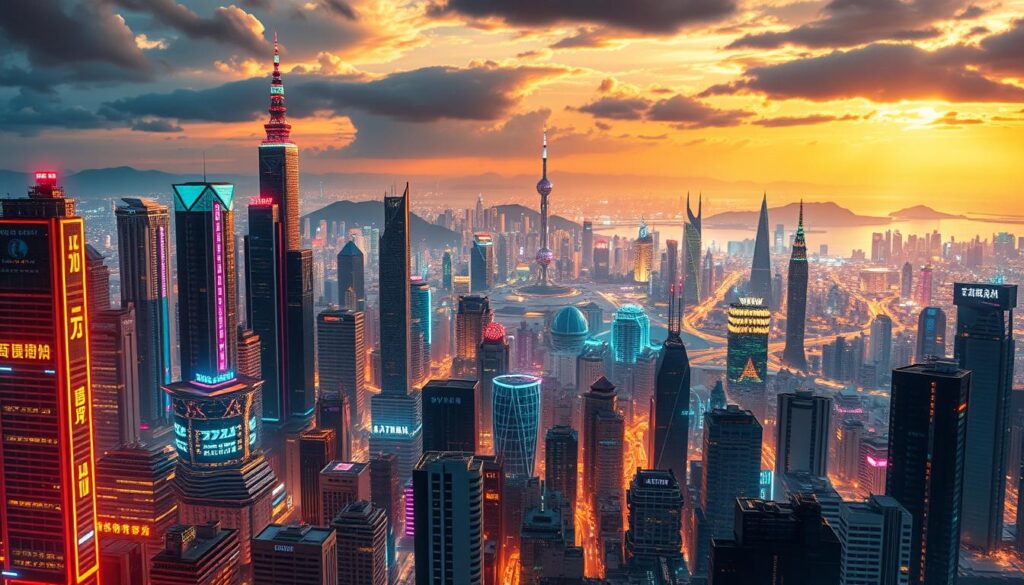 A vibrant cityscape depicting the thriving online entertainment landscape of Taiwan. In the foreground, a bustling array of modern high-rise buildings and neon-lit skyscrapers, reflecting the energy and innovation of the local gaming industry. The middle ground features a network of interconnected platforms, virtual hubs, and interactive interfaces, symbolizing the seamless integration of digital entertainment into the lives of Taiwanese citizens. In the background, a panoramic view of the island's iconic natural beauty, mountains, and coastlines, serving as a backdrop to the digital metropolis. The scene is illuminated by a warm, golden glow, conveying a sense of prosperity and optimism surrounding the burgeoning online entertainment market.