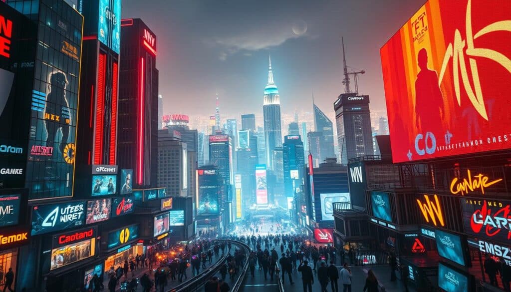 A vibrant cityscape emerges, showcasing the rise of online entertainment hubs. In the foreground, neon-lit skyscrapers and sleek high-rises stand tall, their facades adorned with digital displays. The middle ground teems with bustling activity, as crowds of people navigate the streets, absorbed in the thrill of virtual gaming and interactive experiences. In the background, a panoramic view reveals the sprawling expanse of the city, its skyline punctuated by cutting-edge technology and innovation. The scene is bathed in a warm, futuristic glow, capturing the dynamic and immersive nature of the contemporary online entertainment landscape. Wide-angle lens, cinematic lighting, and a sense of energy and progress.