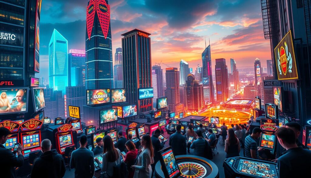 A vibrant cityscape of a thriving online casino hub, with towering skyscrapers and neon-lit billboards reflecting the rapid digital transformation of the gaming industry. In the foreground, people immersed in seamless mobile gaming experiences, their faces illuminated by the glow of their devices. The mid-ground showcases a bustling array of virtual slot machines, roulette tables, and interactive live dealer games, while the background reveals a panoramic view of the city's skyline, pulsing with the energy of a new era of digital entertainment. The scene is bathed in a warm, futuristic glow, capturing the excitement and innovation driving the evolution of online casinos.