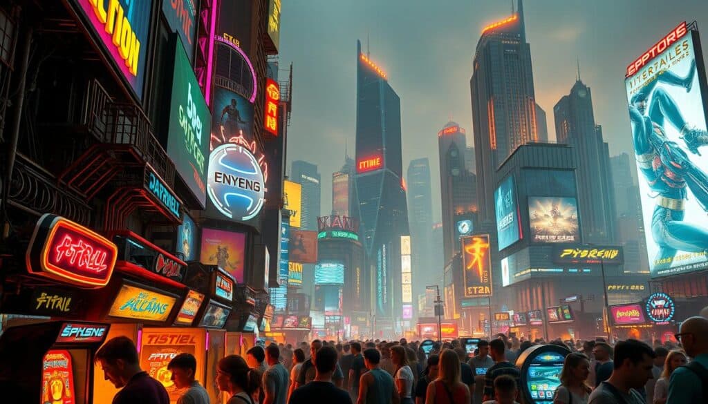 A vibrant cityscape teeming with bustling arcades, neon-lit skyscrapers, and a kaleidoscope of digital entertainment. In the foreground, crowds of people immerse themselves in the latest gaming attractions, their faces aglow with excitement. The middle ground features larger-than-life holograms advertising the hottest new virtual reality experiences, while the background showcases a towering skyline of sleek, futuristic buildings. Warm, diffused lighting casts a vibrant, futuristic glow over the entire scene, capturing the explosive growth and dynamism of the thriving entertainment metropolis.