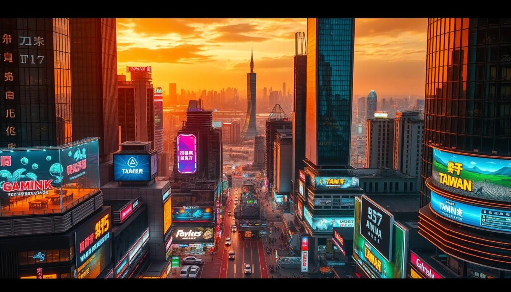 A vibrant cityscape unfolds, capturing the dynamism of Taiwan's gaming market. In the foreground, a bustling hub of online entertainment venues, their neon-lit facades reflecting off the sleek glass facades of towering skyscrapers. The middle ground showcases the diversity of gaming options, from virtual casinos to interactive esports arenas, all thriving under the watchful gaze of regulatory authorities. In the background, a panoramic view of the island's iconic landmarks, a testament to the unique blend of tradition and innovation that defines Taiwan's gaming landscape. The scene is bathed in a warm, golden light, lending an air of prosperity and progress to the dynamic marketplace. The overall atmosphere conveys the rapid growth and untapped potential of Taiwan's burgeoning gaming industry.