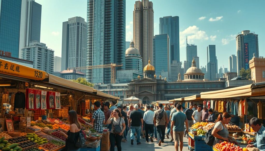 A vibrant cityscape with a bustling open-air market in the foreground. Vendors selling a variety of fresh produce, handcrafted goods, and local delicacies under the warm glow of natural sunlight. In the middle ground, groups of people browsing the stalls, engaging in lively discussions and transactions. The background features a blend of modern high-rise buildings and historic architecture, creating a dynamic urban landscape. The scene conveys a sense of energy, consumer insights, and a deep understanding of the local community. Captured with a wide-angle lens to showcase the full scope of the market, with a depth of field that keeps the focal point sharp while gently blurring the periphery.