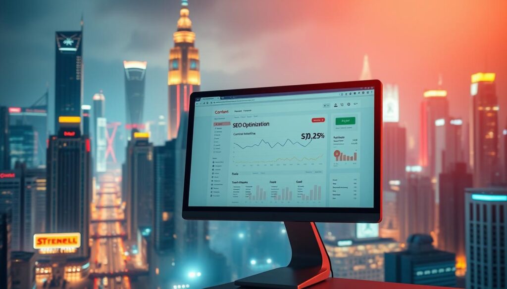 A vibrant cityscape with towering skyscrapers and neon lights, symbolizing the bustling entertainment industry. In the foreground, a computer screen displays a web page with analytics and SEO optimization data, highlighting the influence of content marketing on the visibility and performance of online gaming platforms. The scene is bathed in a warm, digital glow, creating a sense of technological sophistication and the intersection of digital marketing and the entertainment sector. The composition is balanced, with the city skyline providing a visually striking backdrop to the central focus on the screen and its data. The overall mood conveys the importance of effective content strategies in driving the success of entertainment-focused search engine optimization.