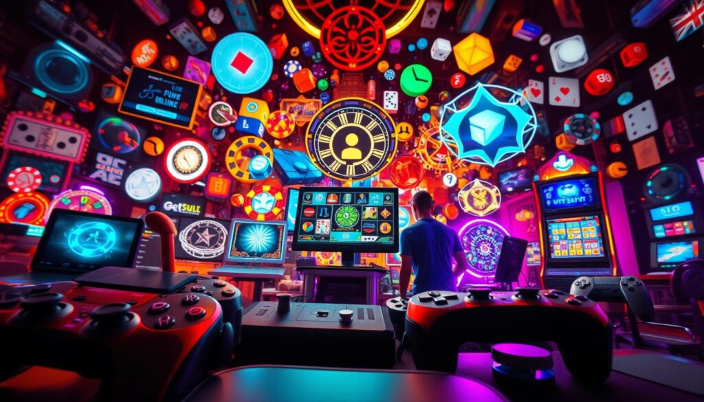 A vibrant collage of popular online gaming icons and symbols, captured with a wide-angle lens and dramatic cinematic lighting. In the foreground, a collection of sleek, high-tech gaming controllers, joysticks, and touchpads, hinting at the immersive gaming experiences available. In the middle ground, a dynamic mix of virtual reality headsets, glowing computer screens, and holographic game displays, showcasing the cutting-edge technology that drives today's most engaging online casino and gaming platforms. The background features a kaleidoscope of colorful game elements, from slot machine reels and playing cards to dice and casino chips, creating a visually stunning and captivating representation of the thriving online gaming landscape.