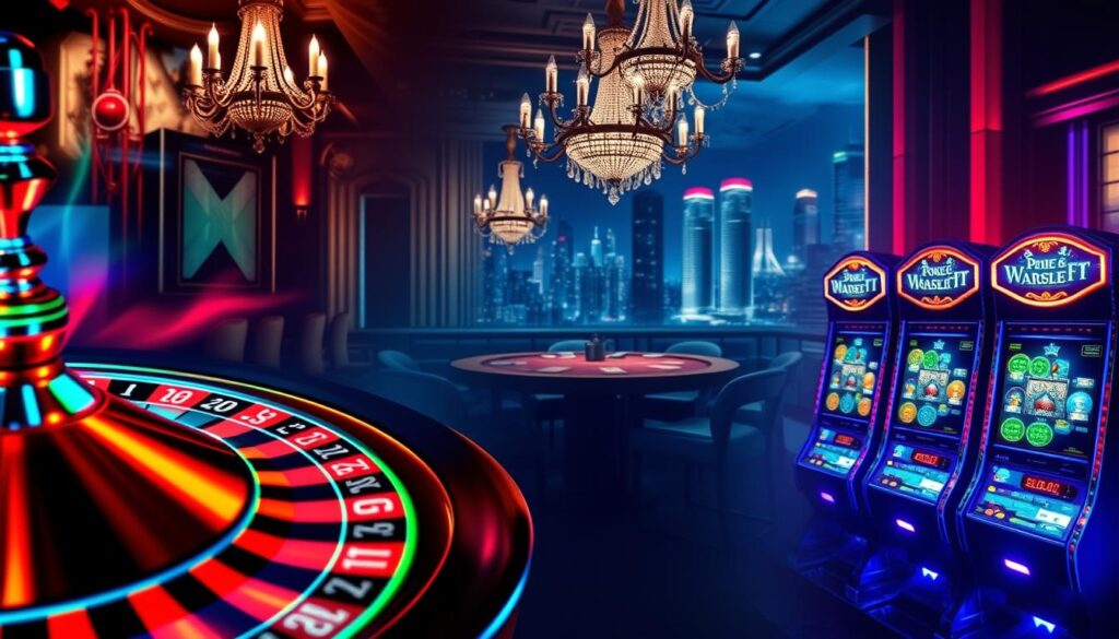 A vibrant collage showcasing a diverse array of online casino game types. In the foreground, a neon-lit roulette wheel spins, its vivid colors casting a mesmerizing glow. Nearby, a high-stakes poker table is framed by elegant chandeliers, the players' faces obscured in dramatic chiaroscuro lighting. In the middle ground, slot machines with dazzling digital displays beckon, their reels spinning with the promise of big payouts. The background blurs into a futuristic cityscape, hinting at the boundless possibilities of the virtual gaming realm. The overall composition evokes a sense of excitement, sophistication, and the thrill of chance, capturing the essence of the "遊戲種類介紹" section.
