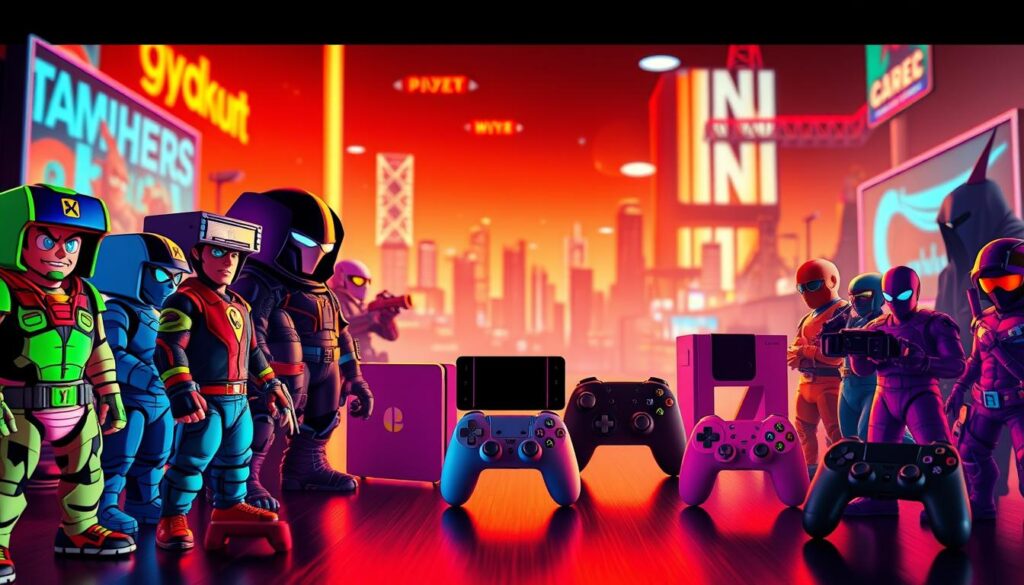 A vibrant collection of popular video game icons arranged in a dynamic, eye-catching display. In the foreground, various game characters, from classic arcade protagonists to modern-day action heroes, stand out with vivid detail and bold colors. The middle ground features sleek, minimalist silhouettes of popular game consoles and controllers, creating a sense of technology and interactivity. In the background, a soft, blurred landscape of neon-lit cityscapes and futuristic landscapes sets the tone for the cutting-edge gaming experience. Warm, diffused lighting illuminates the scene, evoking a sense of excitement and anticipation for the top gaming recommendations. The overall composition strikes a balance between the timeless appeal of gaming and the dynamic, ever-evolving nature of the industry.