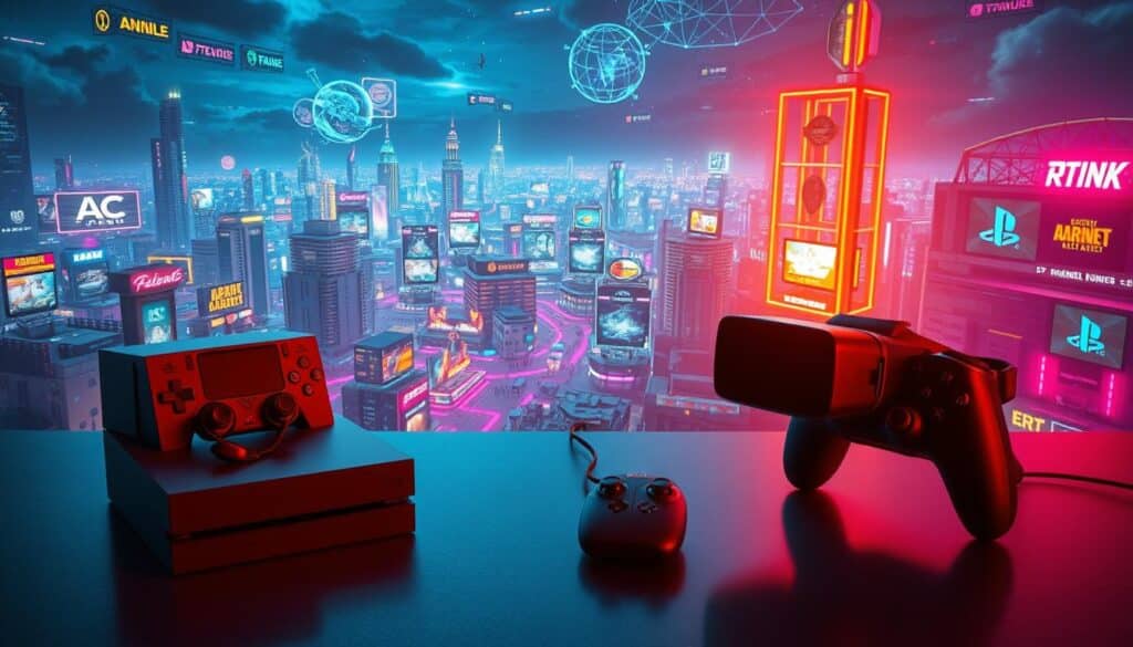 A vibrant, colorful landscape depicting the world of gaming and entertainment. In the foreground, a group of gaming consoles and VR headsets are prominently displayed, representing the latest advancements in interactive digital experiences. The middle ground showcases a bustling cityscape filled with neon-lit arcades, virtual reality lounges, and esports arenas, capturing the energy and excitement of the gaming industry. In the background, a vast night sky illuminated by the glow of digital displays and holographic projections, creating a futuristic, immersive atmosphere. Soft, diffused lighting casts a warm, inviting glow over the entire scene, drawing the viewer into this captivating world of gaming and entertainment.
